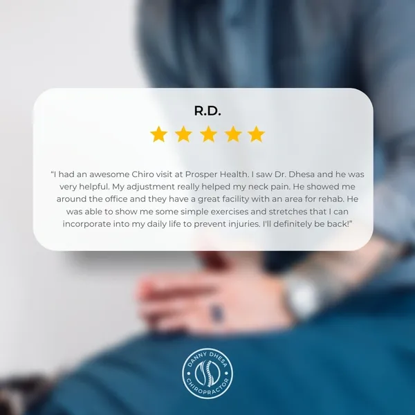 Customer testimonial for Danny Dhesa Chiropractor service with a 5-star rating, featuring a blurred person in the background.