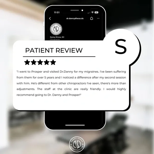 A screenshot of a mobile phone displaying a patient's positive review for Danny Dhesa Chiropractor on a website.