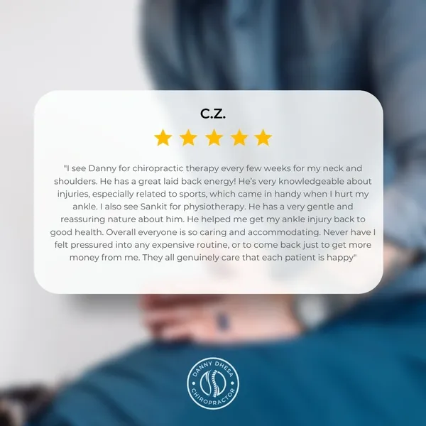 Person reading a testimonial about their positive experience with Danny Dhesa, Chiropractor, and physiotherapy services.