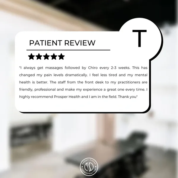 A positive patient testimonial about chiropractic services, recommending Danny Dhesa Chiropractor, with a blurred background of a clinical setting.