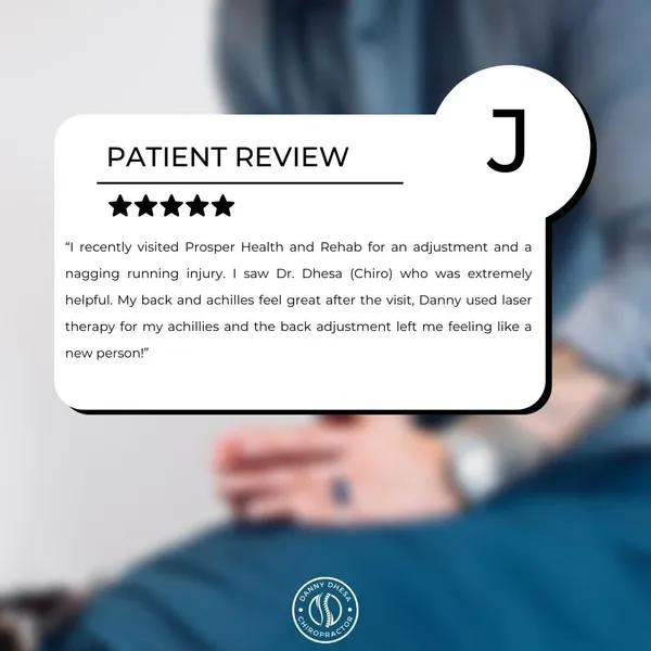 Patient testimonial for Danny Dhesa Chiropractic clinic showcasing satisfaction with treatment received for back and achilles injuries.
